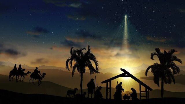 Christmas Scene with twinkling stars and brighter star of Bethlehem with nativity characters animated animals and trees. Seamless Loop of Nativity Christmas story under starry sky and moving clouds