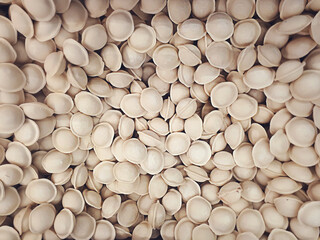 Frozen Pelmeni (Russian Dumplings), Traditional Russian Food. Frozen Russian Crude Pelmeni Texture