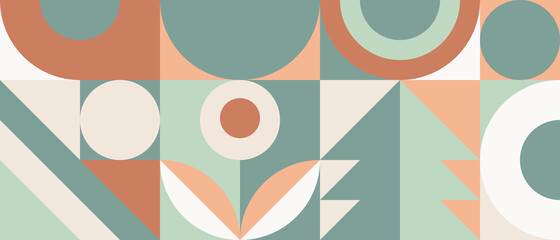 Trendy vector abstract geometric background with circles in retro scandinavian style, cover pattern seamless. Graphic pattern of simple shapes in earthy colors, abstract mosaic.
