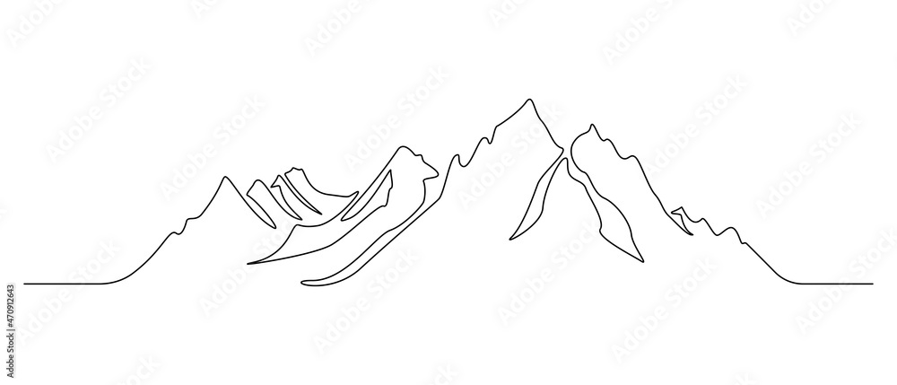 Aufkleber one continuous line drawing of mountain range landscape. rocky peaks with snow and mounts in simple 