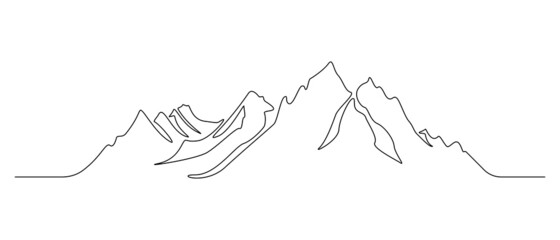 Fototapeta One continuous line drawing of mountain range landscape. Rocky peaks with snow and mounts in simple linear style. Winter sports concept isolated on white background. Doodle vector illustration obraz