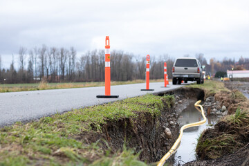 Damaged road and ditch from Abbotsford Flooding, British Columbia, Canada