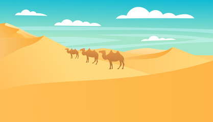 Fototapeta na wymiar Landscape of desert with golden sand dunes under blue cloudy sky with walking camels. Hot dry deserted african nature background with yellow sandy hills parallax scene, Cartoon vector illustration
