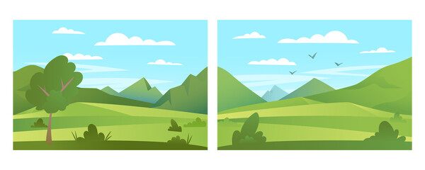 Obraz premium Set of cartoon flat panorama of spring summer beautiful nature, green grasslands meadow with mountains on horizon background, summer mountain landscape, dawn over the valley. Vector illustration