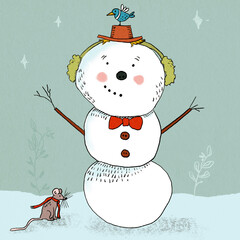 Illustration of a cute winter snowman with birds.
