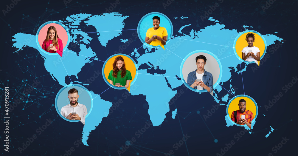 Poster global digital network. diverse multiethnic people with smartphones layered on world map