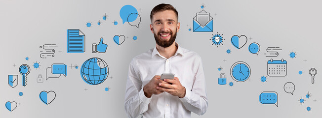 Networking Concept. Young Businessman Using Smartphone For Online Communication, Creative Collage