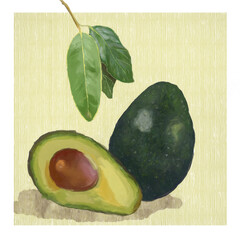 Illustration of a cut avocado with leaves. 