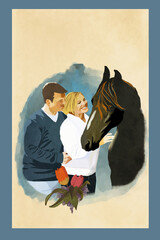 Painterly illustration of a man and woman with a horse. 