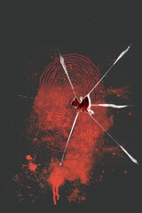 Illustration of a bloody fingerprint behind broken glass. 