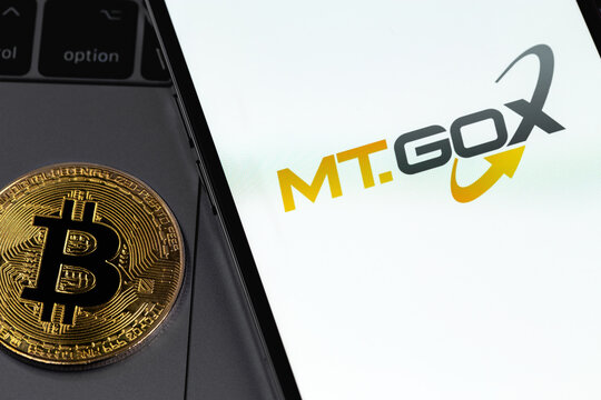 MT.GOX logo on screen smartphone with bitcoin. MT.GOX is popular largest cryptocurrency exchange on the market. Moscow, Russia - October 14, 2021