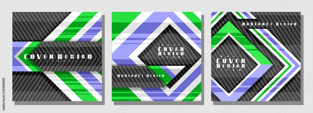 Poster vector set of square covers, 3 colorful layouts with decorative design rhombs with copy space for ad