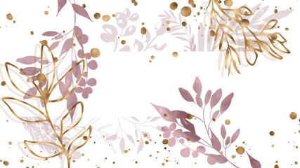 Watercolor plants with leaves and golden grasses. Background with floral elements, botanical watercolor illustration with gold splashes and decorated with gold ribbons. Design background.