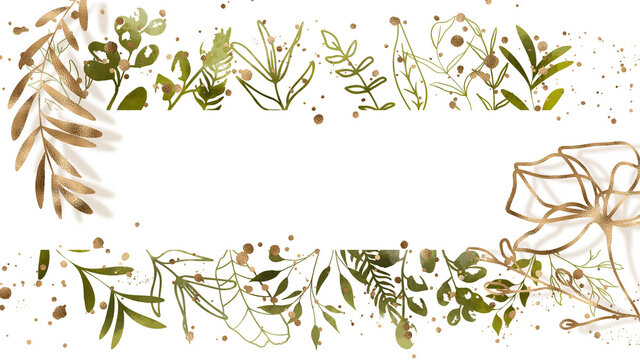 Watercolor green plants with leaves and golden grasses. Background with floral elements, botanical watercolor illustration with gold splashes.Design background.