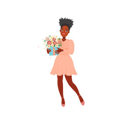 A beautiful woman holds a box of flowers in her hands. Concept for Mother's Day, March 8, Women's Day, Valentine's Day. Vector illustration in flat cartoon style.