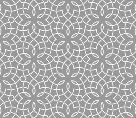 Pattern with white floral elements. Intersecting curved bold stripes forming abstract Arabic ornament. Vector background for fabric, textile and wrapping. Seamless Decorative lattice.