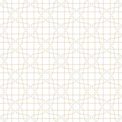 Seamless lace pattern with golden thin curl lines and scrolls. Monochrome abstract floral pattern. Decorative lattice in Arabic style. Endless thread and loops.