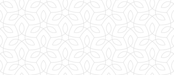 Pattern with intersecting lines and leaves on white background. Monochrome Seamless vector texture in light color. Trendy design for textile, fabric, and wrapping. Stylish decorative lattice.