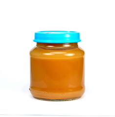 Baby fruit puree jar isolated on white.