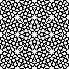 Pattern with intersecting stripes, poly lines, polygons and stars. Seamless Abstract ornament in Arabic style. Monochrome design for fabric, textile and wrapping. Geometric trendy decorative lattice.