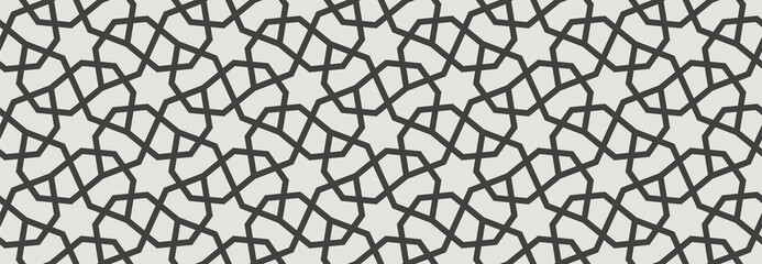 Pattern with intersecting stripes, poly lines, polygons and stars. Seamless Abstract ornament in Arabic style. Monochrome design for fabric, textile and wrapping. Geometric trendy decorative lattice.