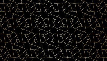 Pattern with golden stars and thin lines on black background. Seamless Abstract geometric texture. Trendy background in Arabic style for textile and wrapping. Monochrome Vector linear swatches.