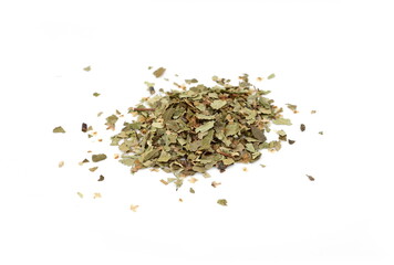 Herb - dry birch leaf (Betulae folium) isolated on the white background. Birch sap and birch leaves.