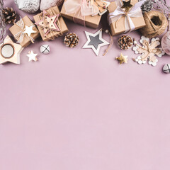 Festive Christmas background with gift boxes and Christmas decorations