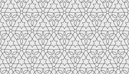 Seamless geometric pattern with stars and stylized flowers. Monochrome vector abstract floral design. Decorative lattice in Arabic style. Background for textile, fabric and wrapping.
