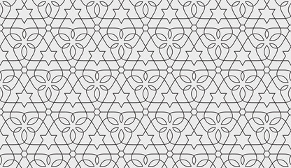 Seamless geometric pattern with stars and stylized flowers. Monochrome vector abstract floral design. Decorative lattice in Arabic style. Background for textile, fabric and wrapping.