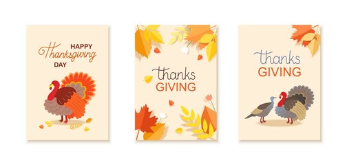 Thanksgiving card set. Turkeys and autumn leaves on a beige background.