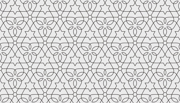 Seamless geometric pattern with stars and stylized flowers. Monochrome vector abstract floral design. Decorative lattice in Arabic style. Background for textile, fabric and wrapping.