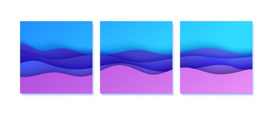 Abstract background set in paper cut style. 3d pink purple gradient colors waves with smooth shadow. Collection of vector cards with blue backdrop. Squared composition liquid papercut shapes.