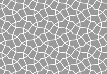 Pattern with intersecting wavy lines on grey background. Monochrome Seamless vector texture in Arabic style. Trendy design for textile, fabric, and wrapping. Stylish decorative lattice.