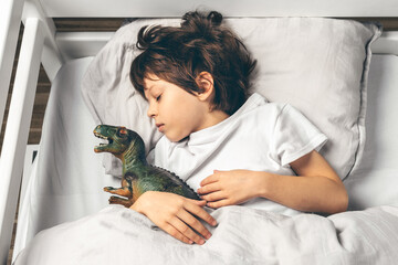 Cute boy is sleeping in bed with a toy dinosaur