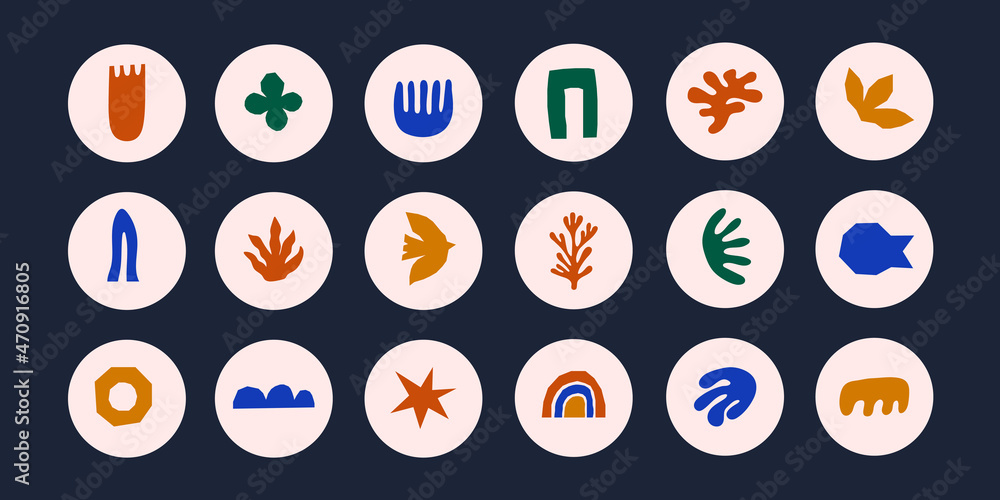 Poster trendy collection of abstract round highlight covers with colorful cutting shapes, tropical elements