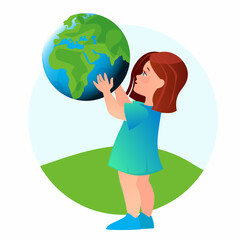 Girl holding planet earth in her hand. Saving environment concept. Earth Day
