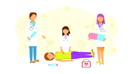 Abstract Flat Women And Man Doctor Help A Lying Person First Aid Cartoon People Character Concept Illustration Vector Design Style