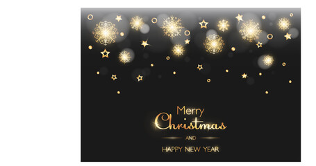 Fototapeta na wymiar Merry Christmas and Happy new year banner. Festive vector illustration with shiny golden text and snowflakes, stars and dots on a dark background. Decorative and greeting background, svreensaver.