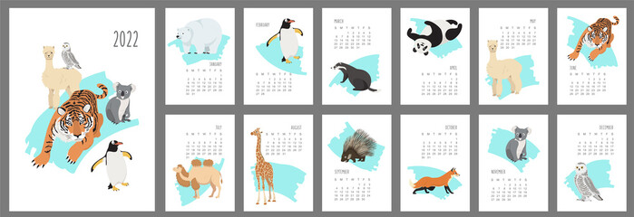 Vector wall calendar design template with various animals for 2022, year of the tiger.