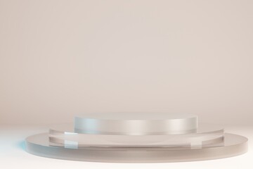 round glass podium with steps 3d render on trendy beige cream background, abstract beauty background with geometric shapes, cylinders for displaying cosmetic products, mockup