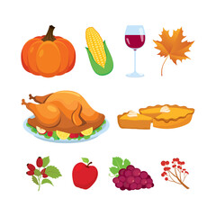 Thanksgiving colorful symbol icon set vector. Set of traditional thanksgiving symbols isolated on a white background. Autumn food and drink collection