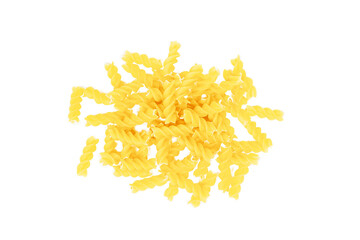 Top view of yellow uncooked fusilli pasta heap isolated on white background.
