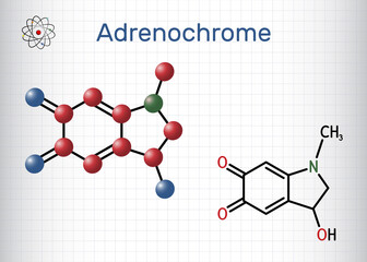 Adrenochrome, adraxone molecule. It is produced by the oxidation of adrenaline. Structural chemical formula and molecule model. Sheet of paper in a cage