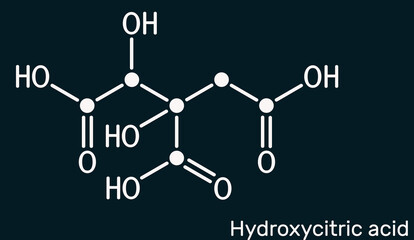 Hydroxycitric acid, HCA molecule. It is derivative of citric acid, is found in tropical. Skeletal chemical formula on the dark blue background