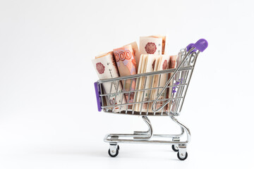 There are bills in the shopping basket. Russian ruble. Russian five thousandth bills. Concept. Maximum denomination