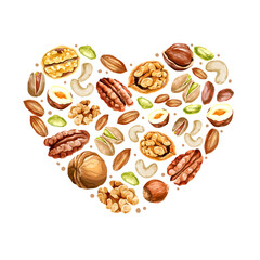 Watercolor nut collection. different types of nuts in the shape of heart
