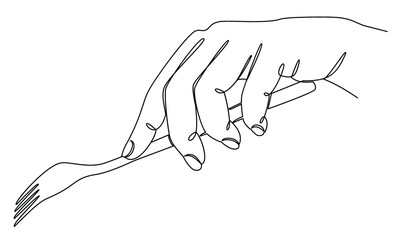 Silhouettes of a man's hand holding a fork in a modern one line style. Continuous line drawing, aesthetic outline for home decor, posters, wall art, stickers, logo. Vector illustration.