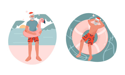 Santa Claus in Red Hat with Rubber Ring Floating Vector Set