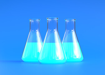 Three erlenmeyer flask with blue liquid on blue background. Chemistry flask, Laboratory glassware, equipment. Minimal concept. 3d rendering illustration